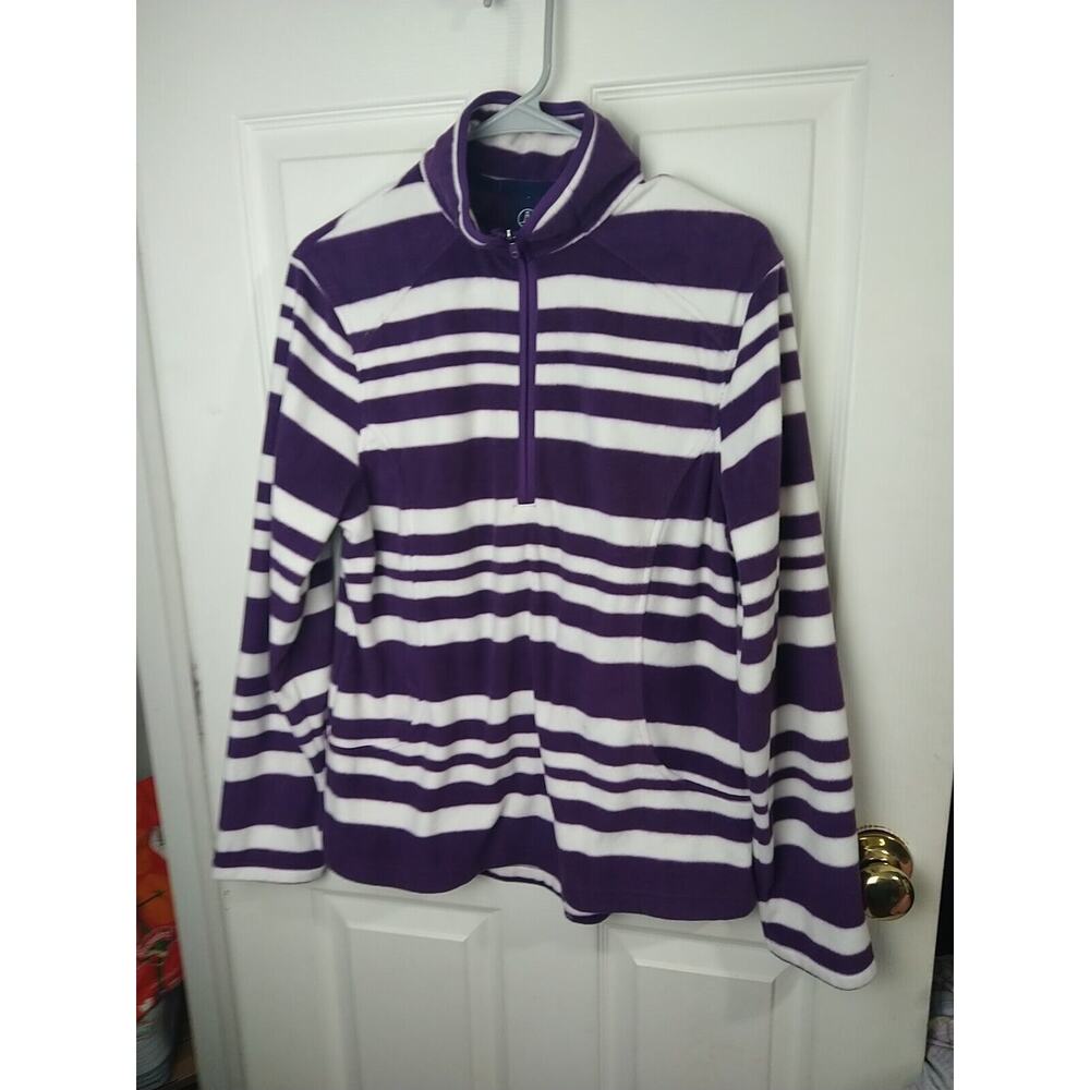 Lands End Woman M Fleece Track Jacket Purple White Striped Casual 1/4 Zip...